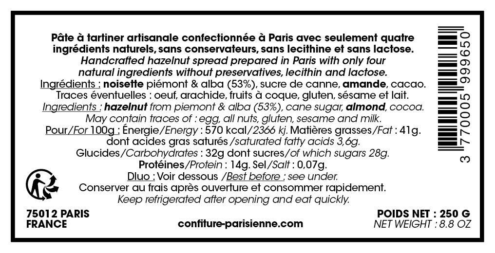 Confiture Parisienne - Tartine Noisette infos