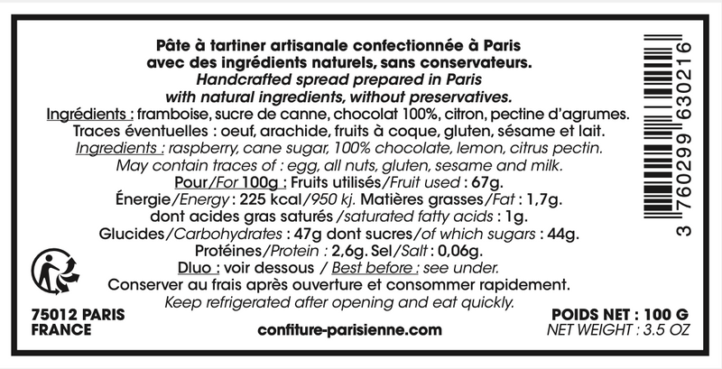 Confiture Parisienne - Pâte à tartiner Choco Framboise 