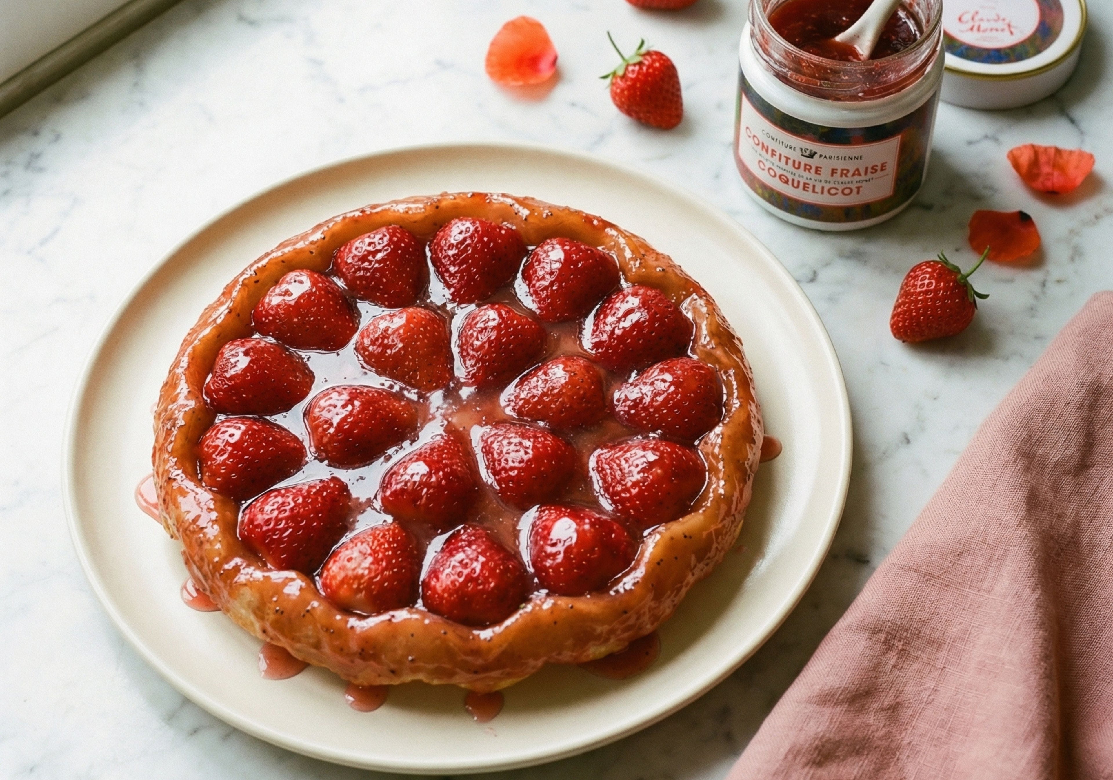 Tarte tatin aux fraises & glaçage coquelicot