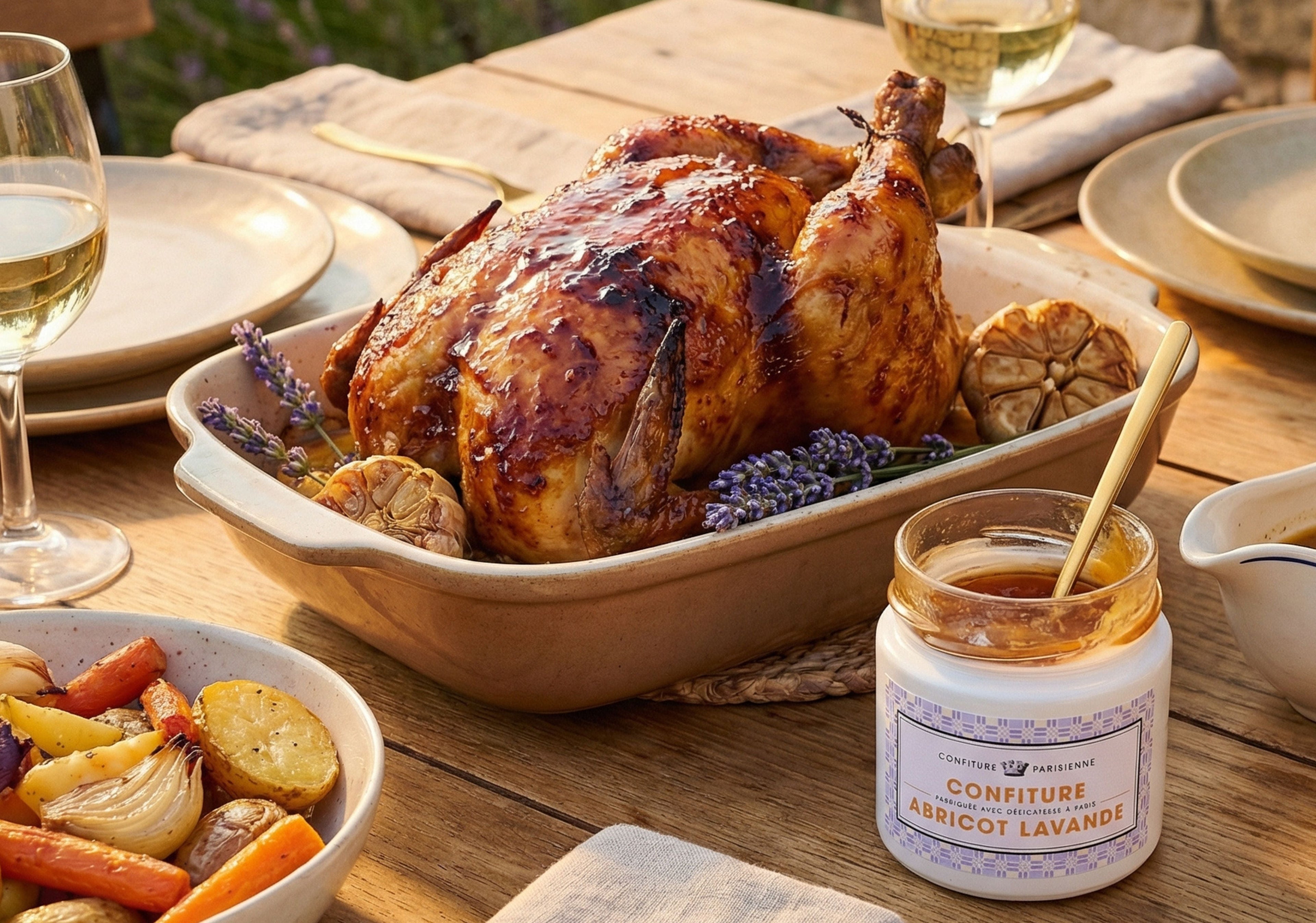 Poulet rôti abricot lavande & jus parfumé