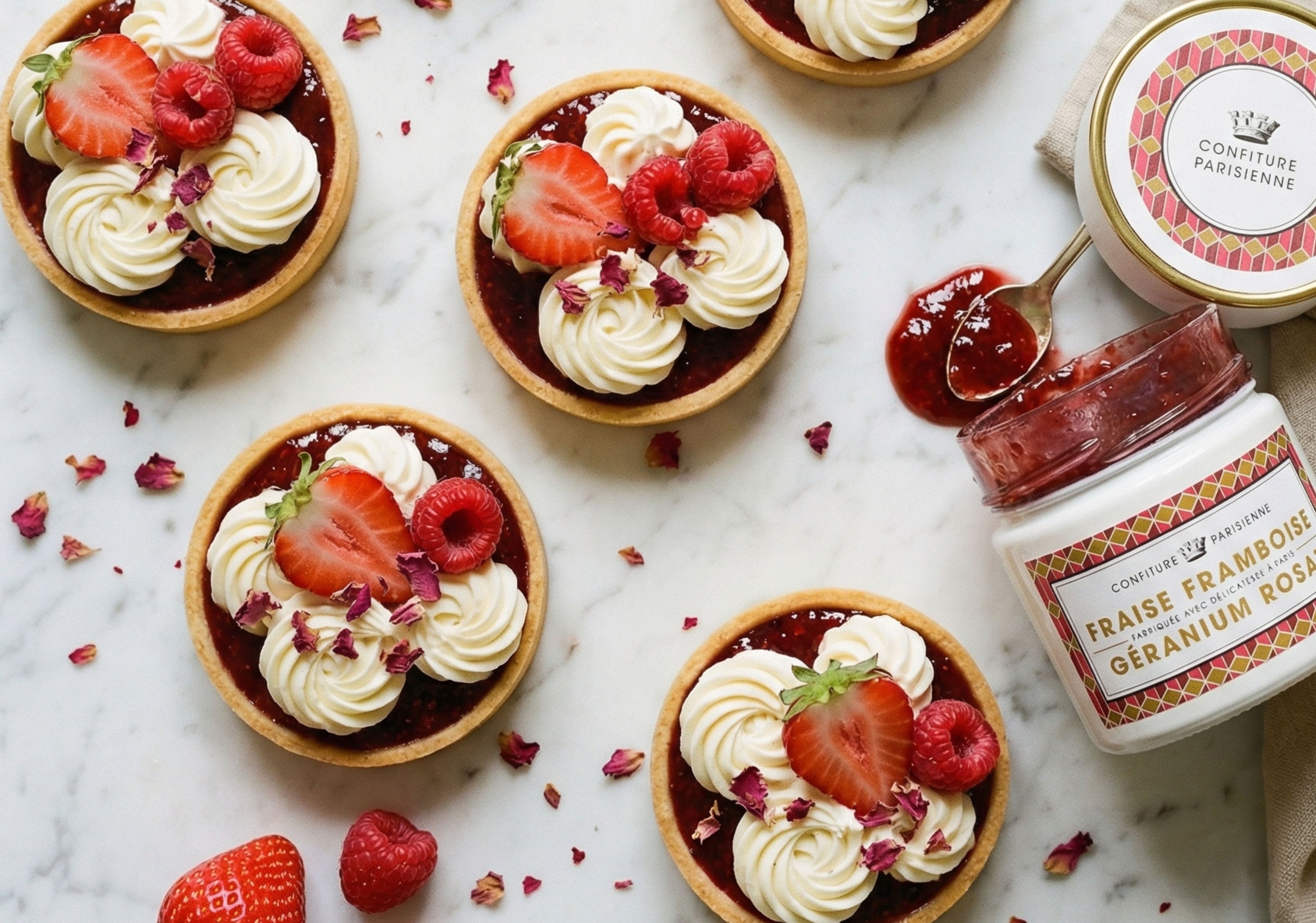 Tartelettes sablées fraise framboise, crème géranium