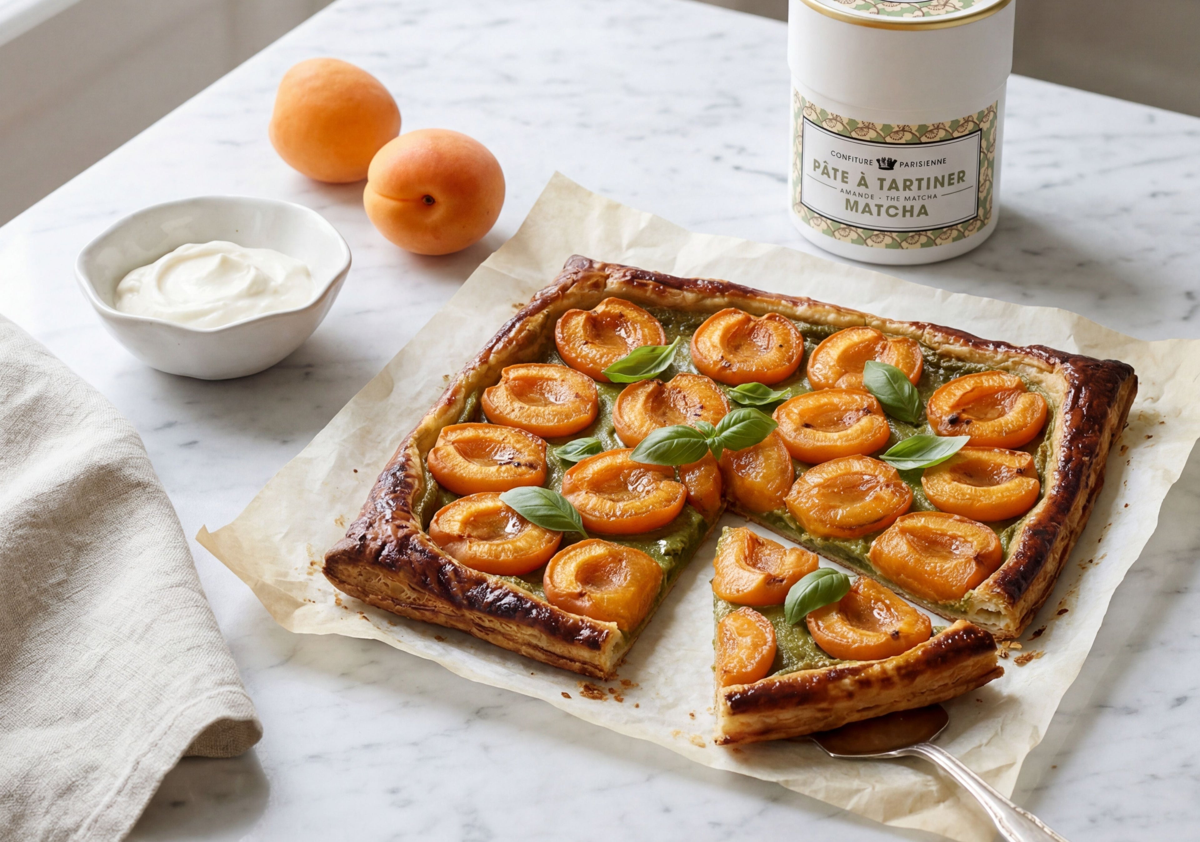 Tarte fine abricot, basilic et matcha