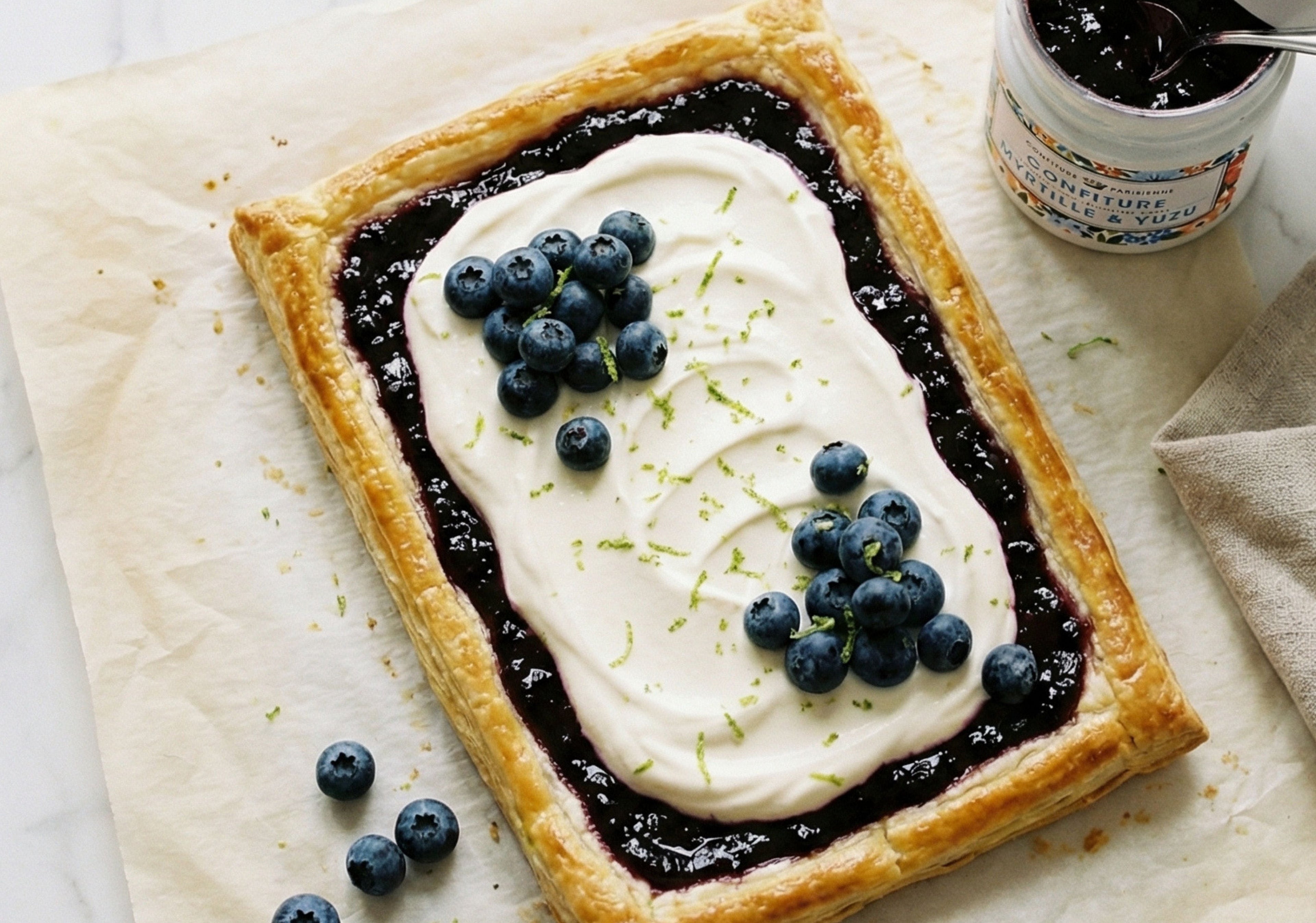 Tarte fine feuilletée myrtille yuzu