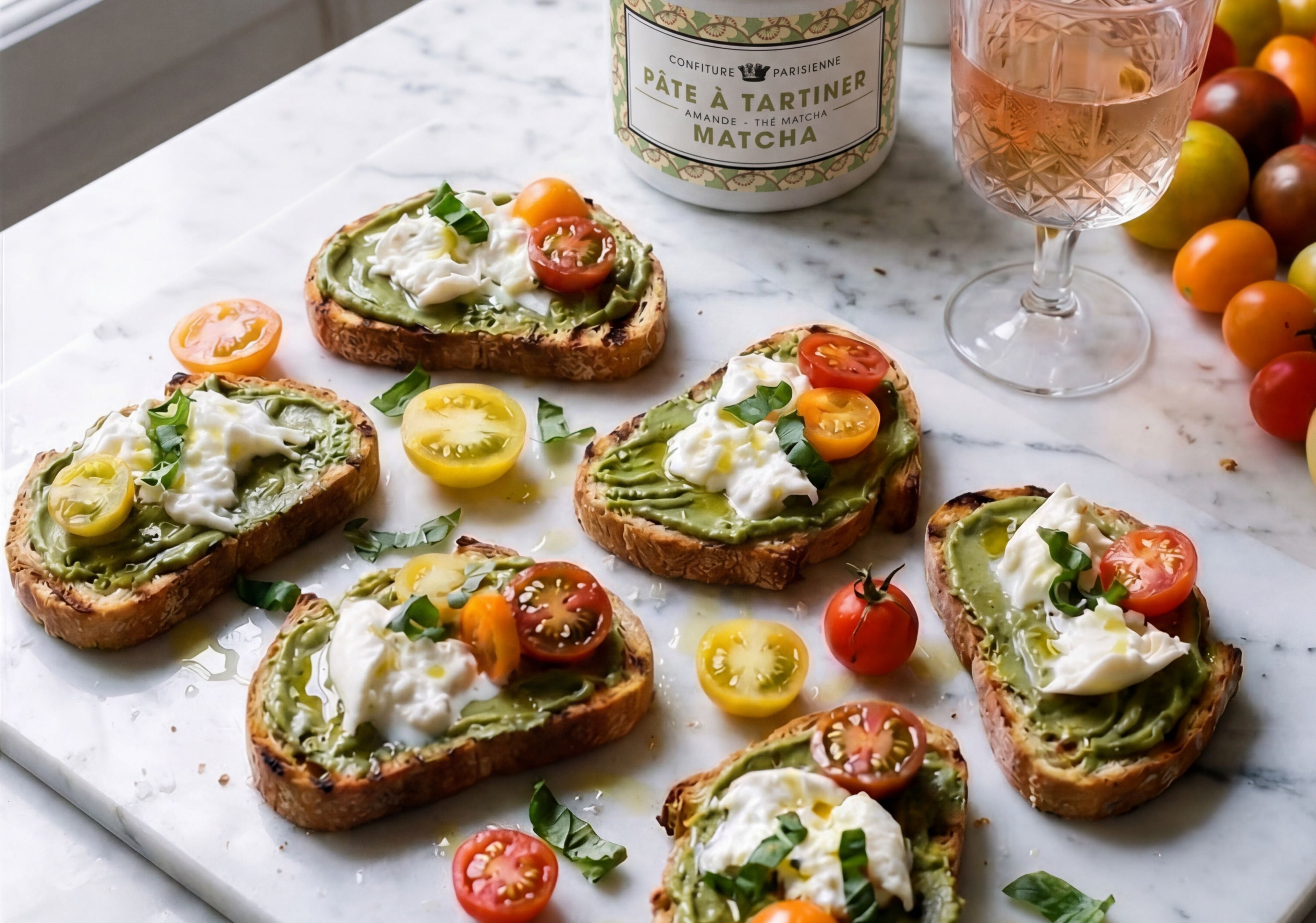 Toasts burrata, matcha, tomate cerise et basilic