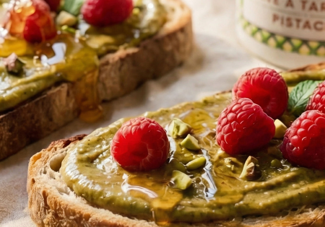 Toast pistache, framboises & miel