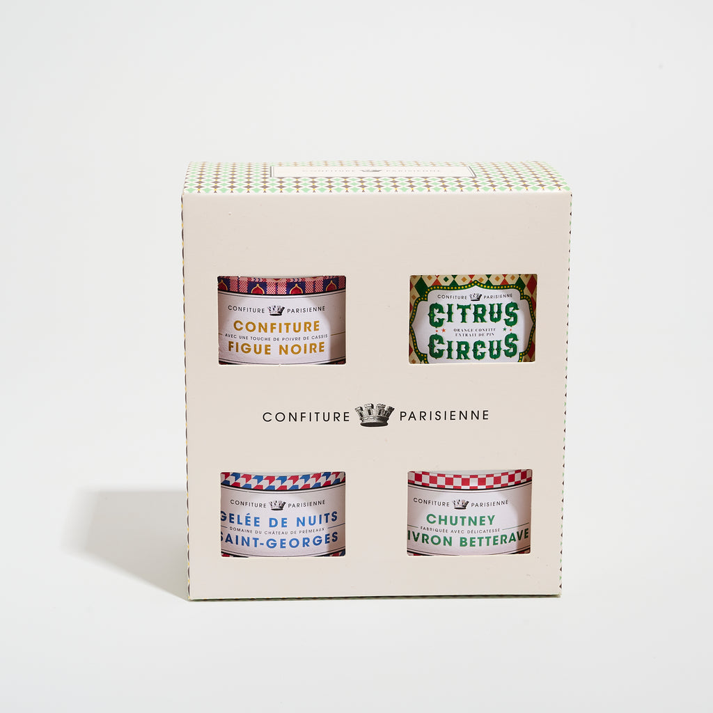 Coffret 4 recettes : Figue poivre de Cassis, Orange confite extrait de Pin, Chutney Poivron Betterave, Gelée de Nuits Saint-Georges