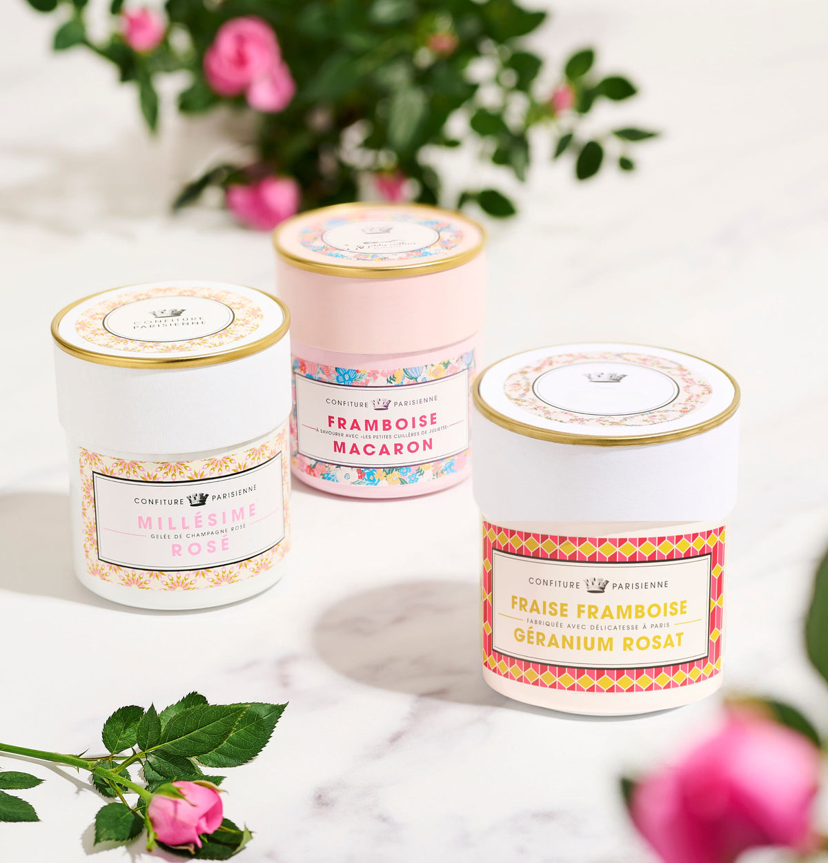 Coffret 3 recettes : Fraise Framboise Géranium, Framboise Macaron et Millésime rosé - 3 X 250G