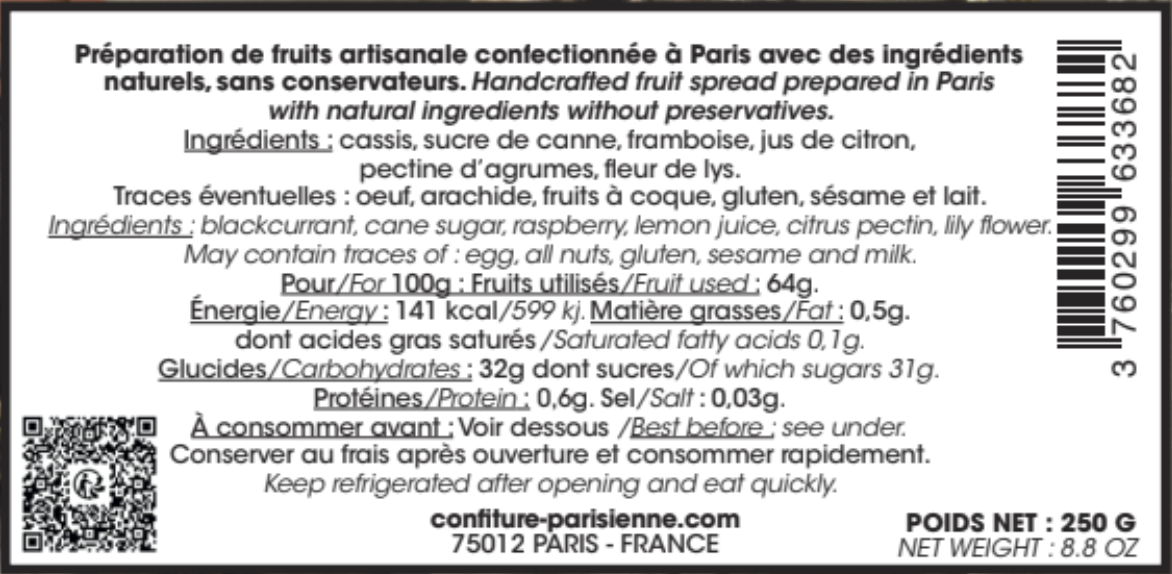 Capture d'écran de l'étiquette dos de la Cassis Framboise Lys x Château de Chantilly, pot de 250 g