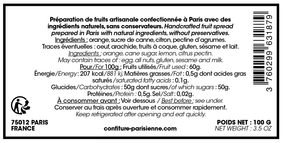 Capture d'écran de l'étiquette dos de la Confiture d'Orange, pot de 100 g
