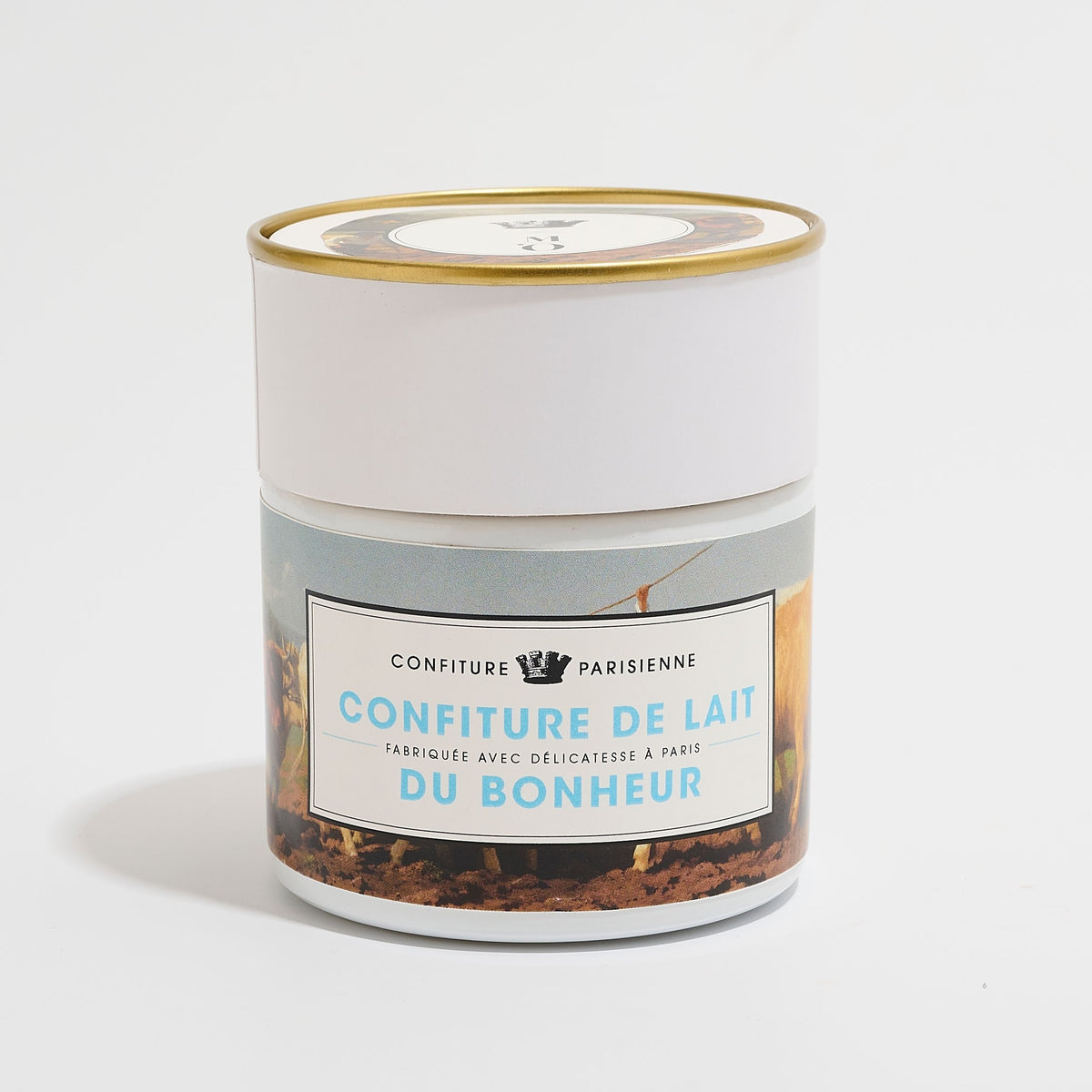 Pot de La confiture de lait du Bonheur x Musée d'Orsay sur fond gris clair, étiquette inspirée d'un tableau