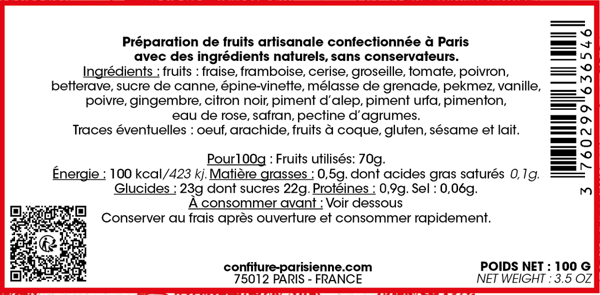 Capture d'écran de l'étiquette dos d'une confiture fruits rouges, tomate, poivron, épices et safran, pot de 100 g