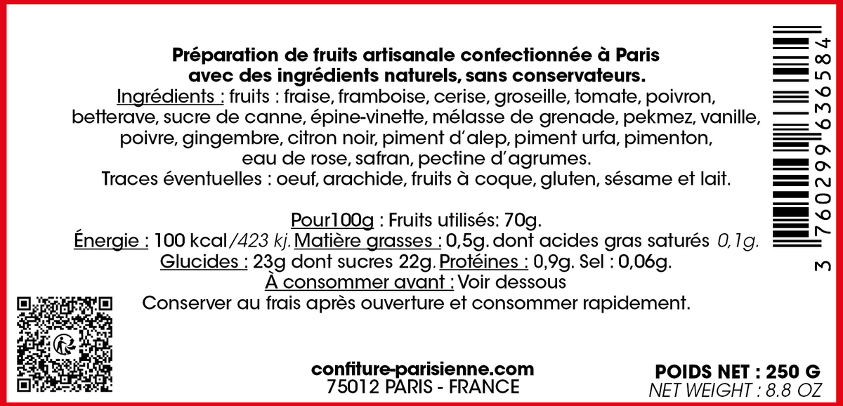 Capture d'écran de l'étiquette dos d'une confiture fruits rouges, tomate, poivron, épices et safran, pot de 250 g