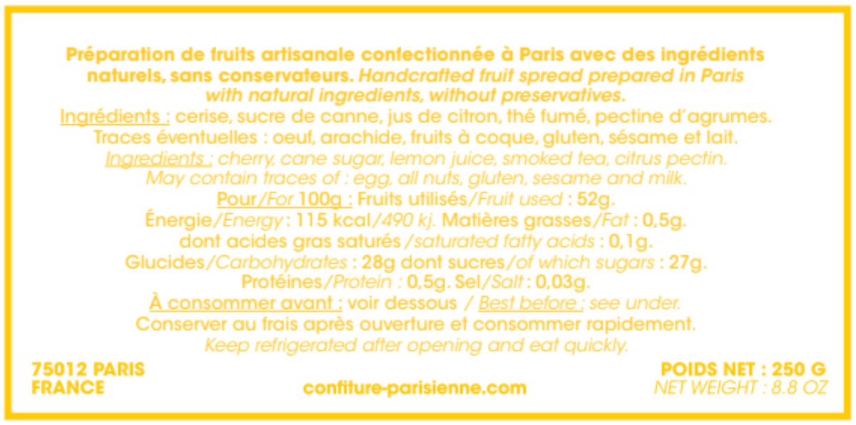 Étiquette de dos jaune d'une confiture cerise thé fumé en 250 g : ingrédients et valeurs nutritionnelles