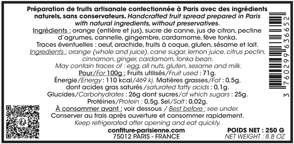 Capture d'écran de l'étiquette dos d'une confiture d'orange aux épices et fève tonka, pot de 250 g
