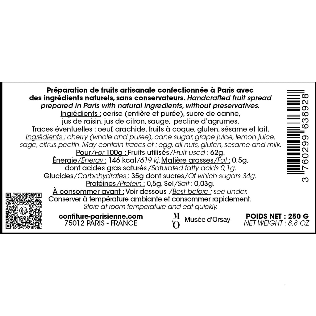 Étiquette de dos d'une confiture cerise sauge x Musée d'Orsay en 250 g : ingrédients, valeurs nutritionnelles