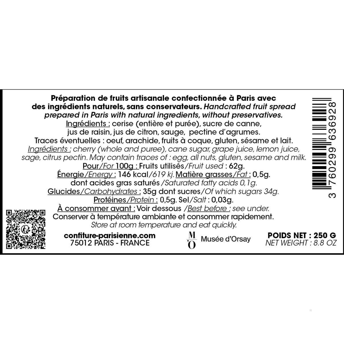 Étiquette de dos d'une confiture cerise sauge x Musée d'Orsay en 250 g : ingrédients, valeurs nutritionnelles