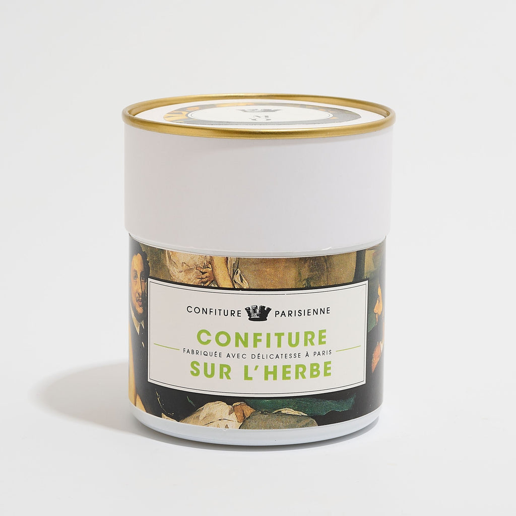 Pot de La confiture sur l'herbe de Manet x Musée d'Orsay sur fond gris clair, étiquette inspirée du tableau