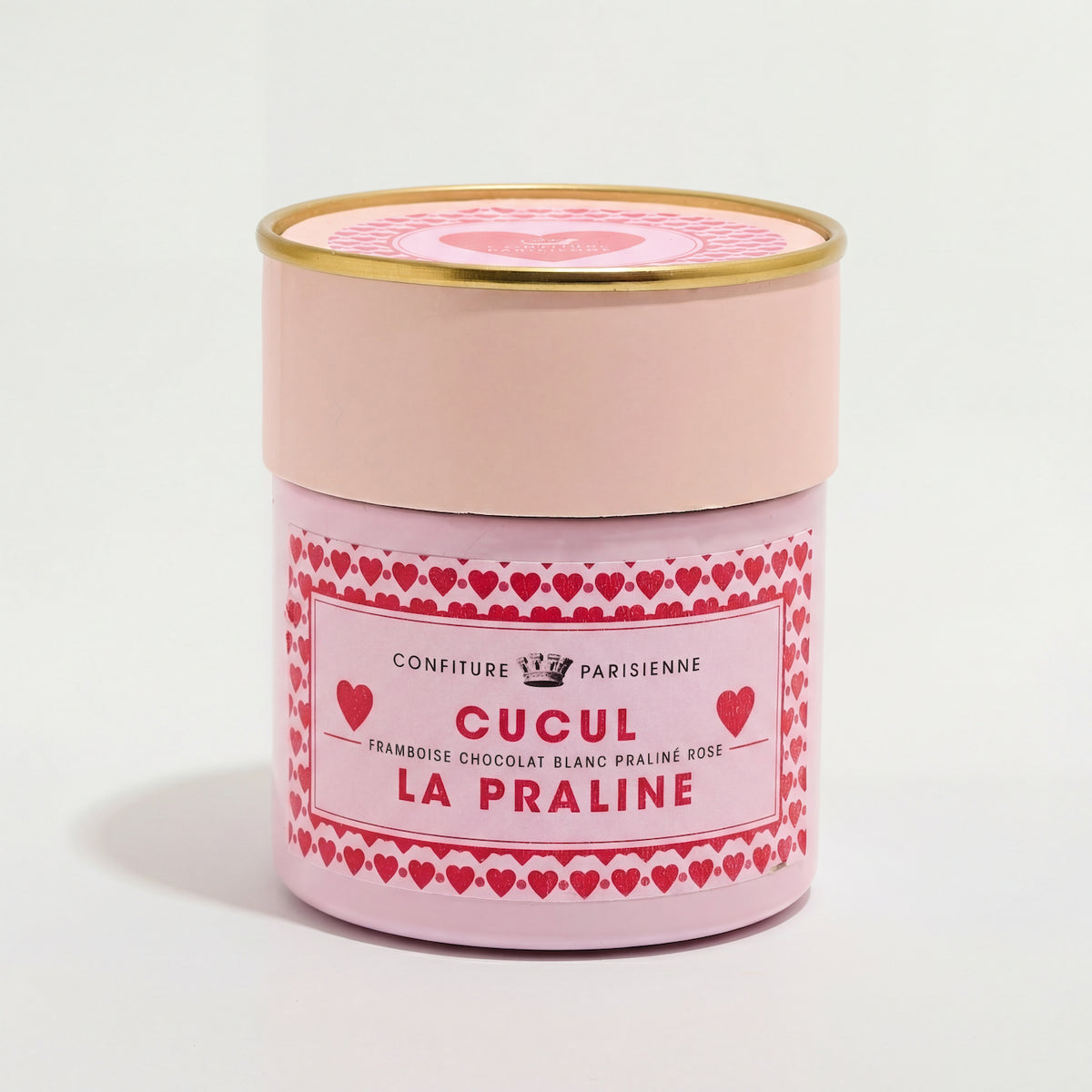 Pot rose de Confiture Cucul la Praline, framboise chocolat blanc praline rose, sur fond gris clair