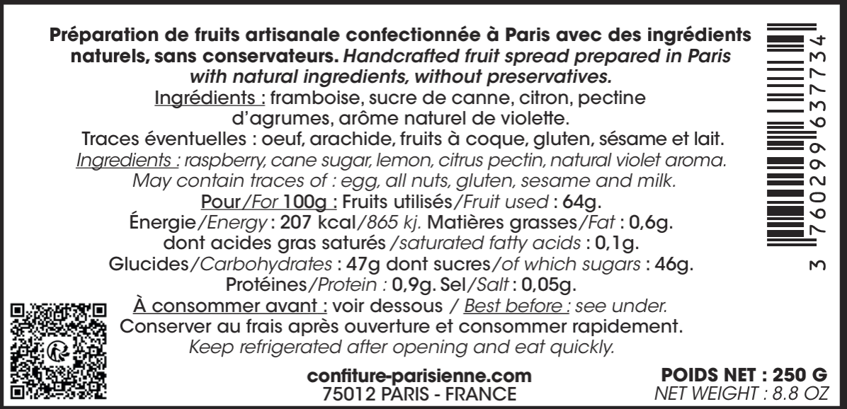 Capture d'écran de l'étiquette dos de la confiture Framboise Violette, pot de 250 g