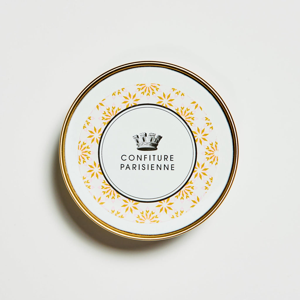 Couvercle du pot Gelée Millésime Rosé vu de dessus, motif floral jaune et logo Confiture Parisienne