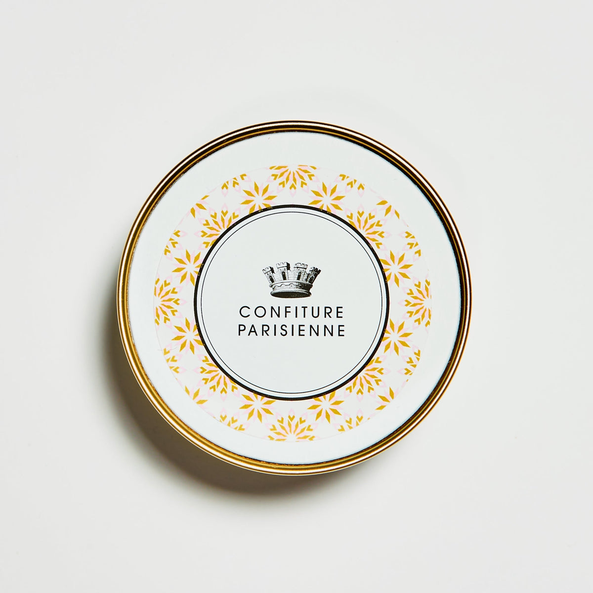 Couvercle du pot Gelée Millésime Rosé vu de dessus, motif floral jaune et logo Confiture Parisienne