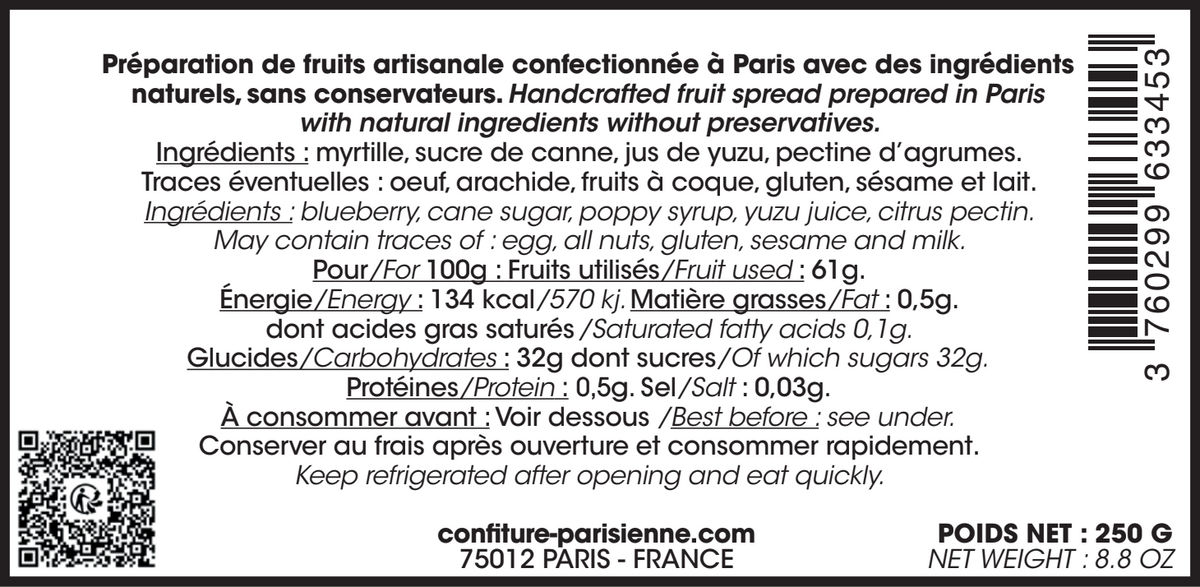 Capture d'écran de l'étiquette dos de la Confiture Myrtille & Yuzu, pot de 250 g