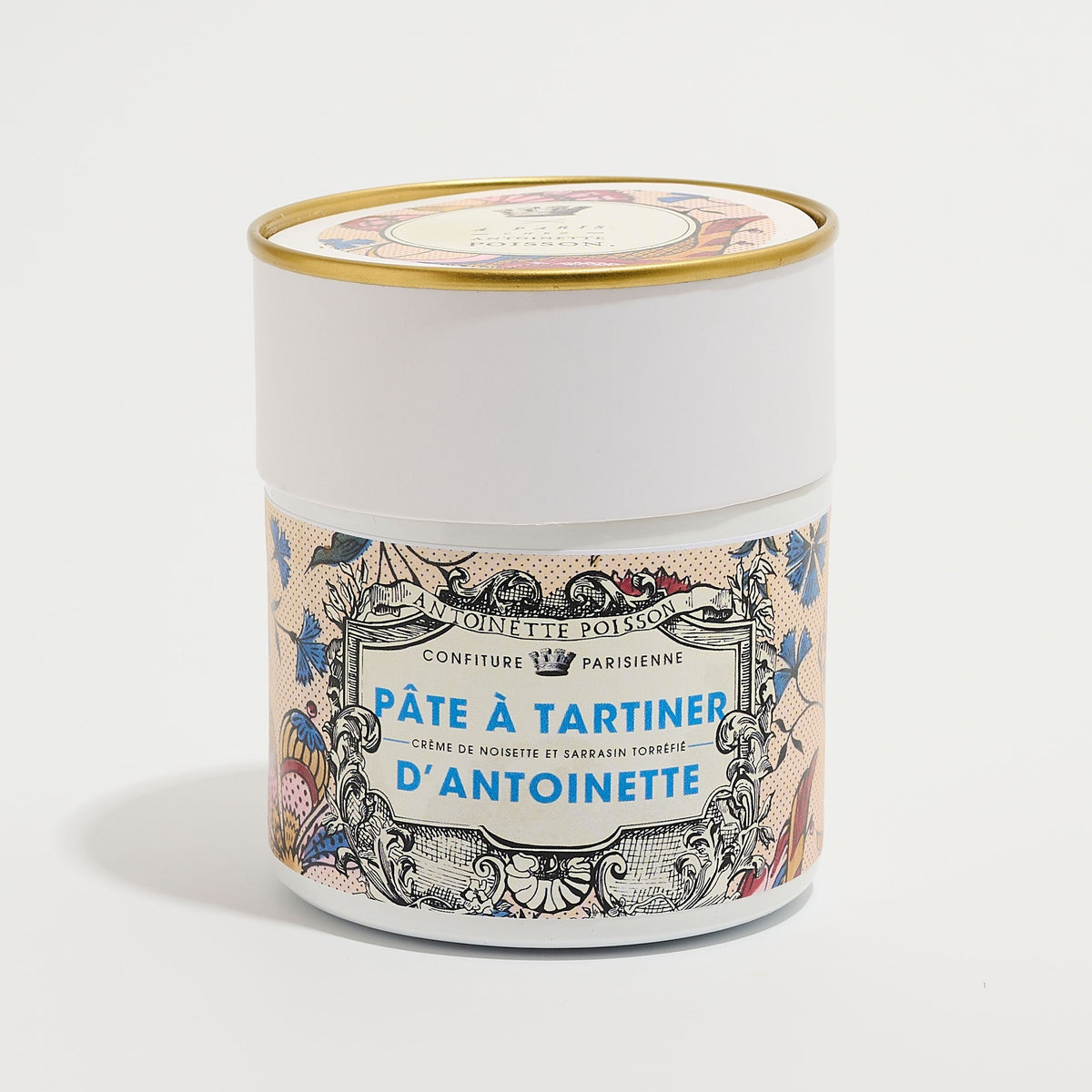 Pot de Pâte à Tartiner d'Antoinette x À Paris chez Antoinette Poisson à étiquette gravée sur fond gris clair