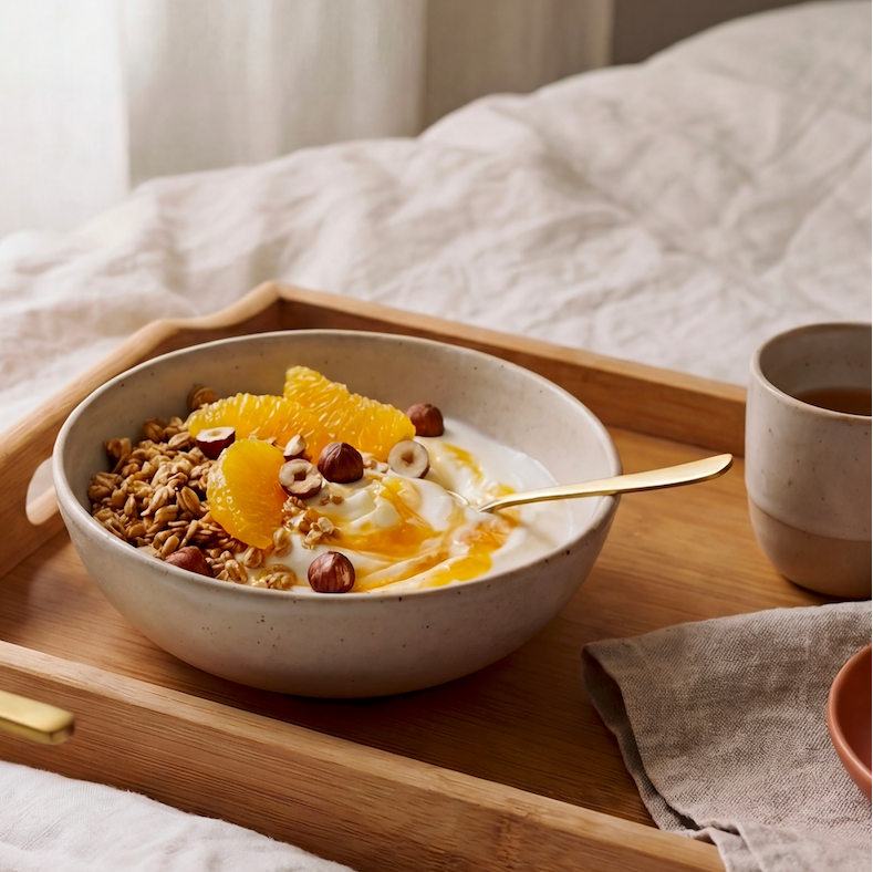Bol de yaourt au granola, noisettes et quartiers d'orange sur un plateau de petit déjeuner posé sur un lit