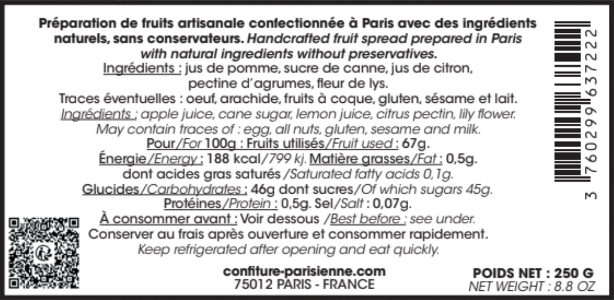 Capture d'écran de l'étiquette dos de la Pomme Lys x Château de Chantilly, pot de 250 g