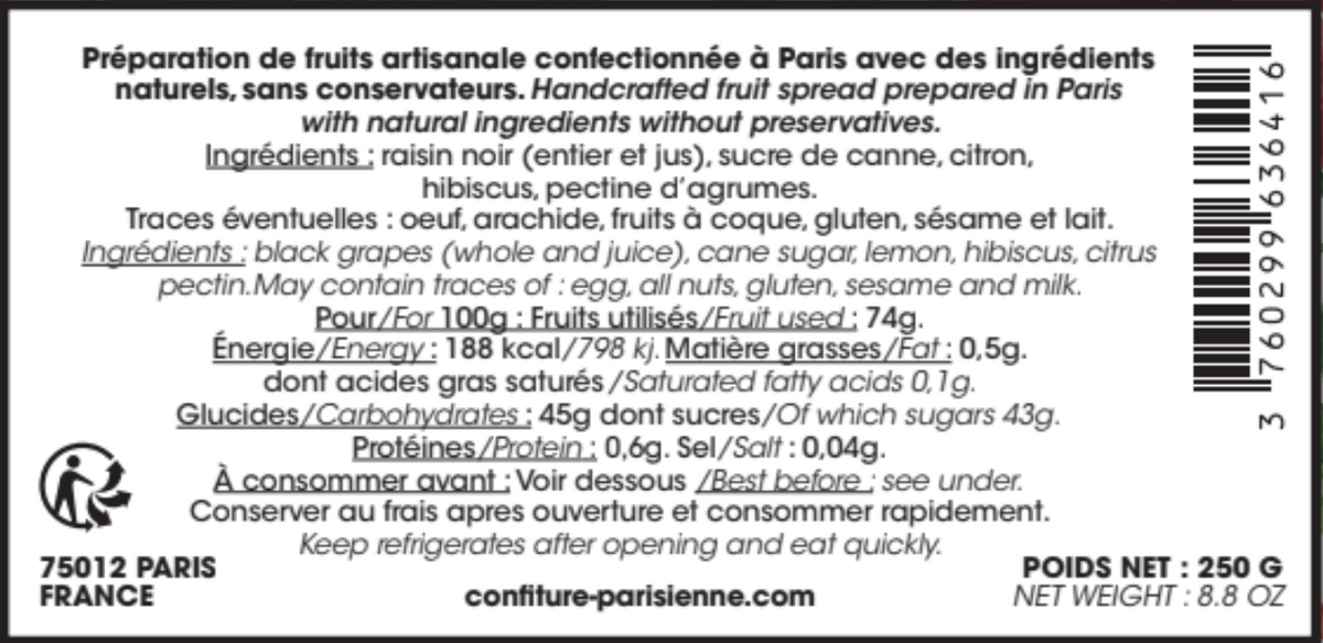 Capture d'écran de l'étiquette dos de la Raisin Hibiscus x Parc de Belleville, pot de 250 g