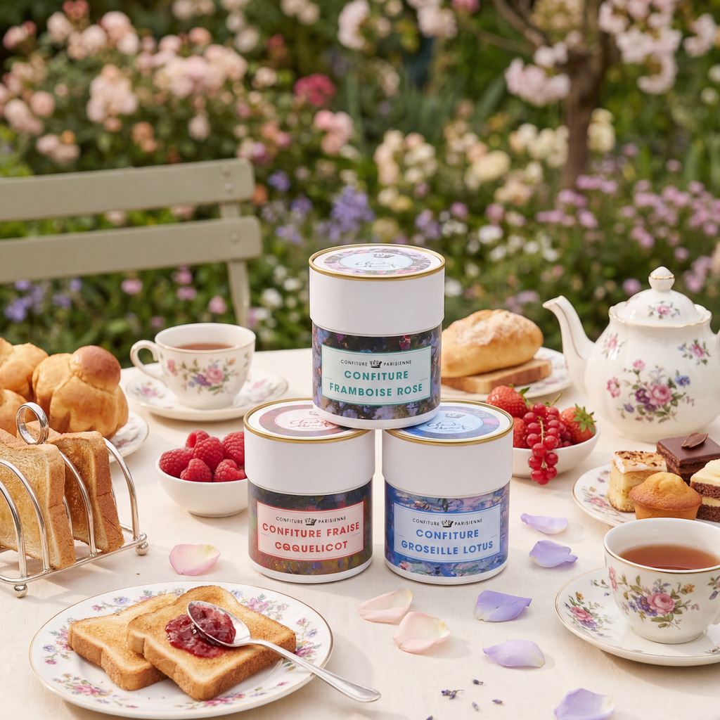 Pots de la sélection Claude Monet sur une table de thé dressée dans un jardin fleuri avec viennoiseries