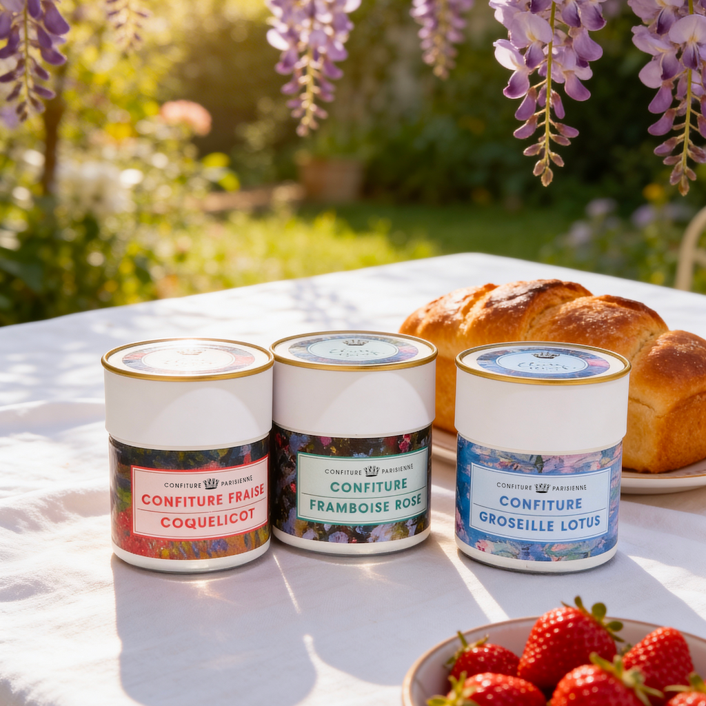 Pots Fraise Coquelicot, Framboise Rose et Groseille Lotus sur une table de jardin avec brioche et fraises