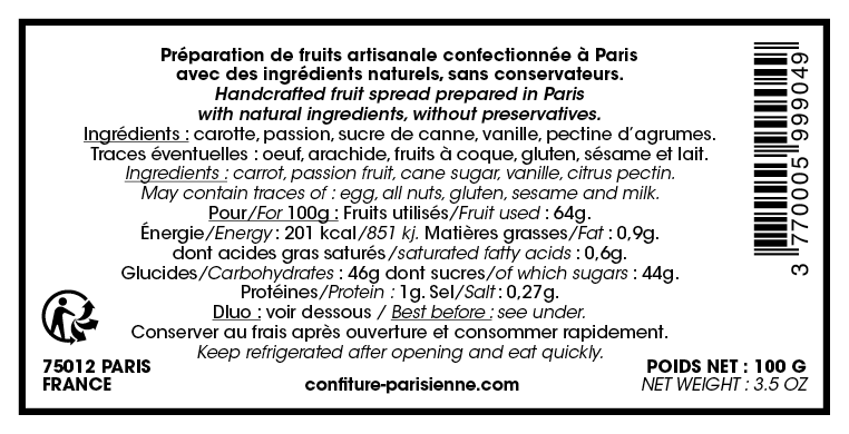 Confiture Parisienne - Carotte Passion Vanille info