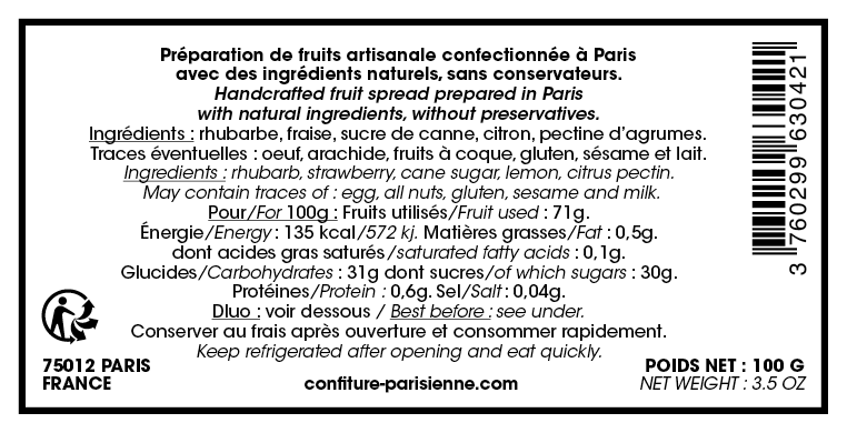 Confiture Parisienne - Fraise Rhubarbe - 100G