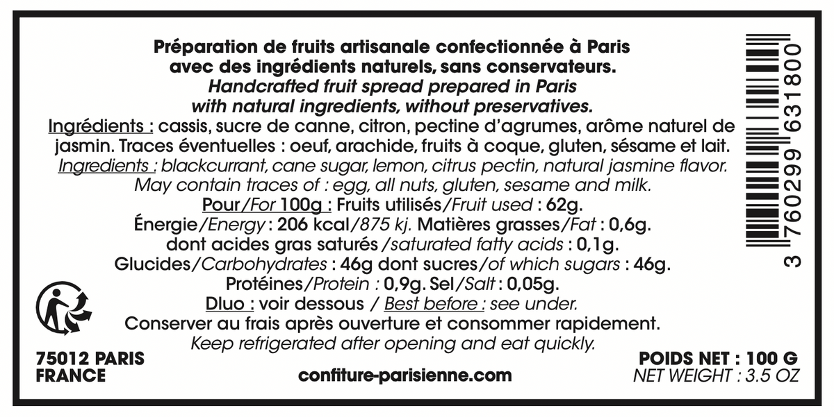 Étiquette de dos de la confiture Cassis Jasmin avec ingrédients, valeurs nutritionnelles et code-barres