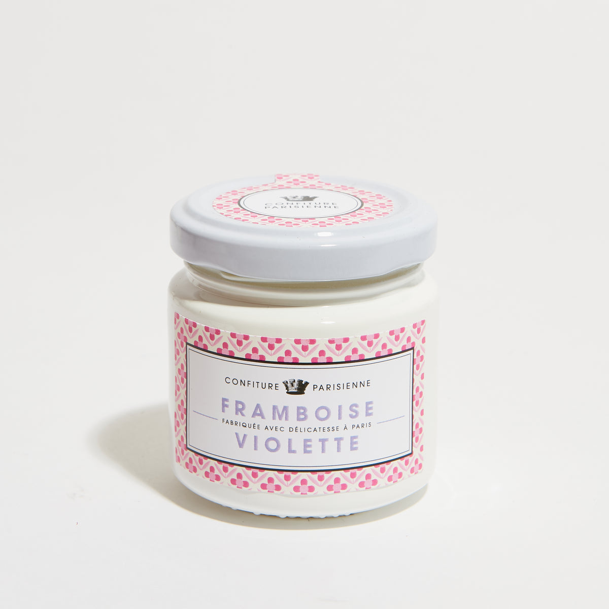 Petit pot Framboise Violette à l'étiquette rose et violette, photographié sur fond blanc